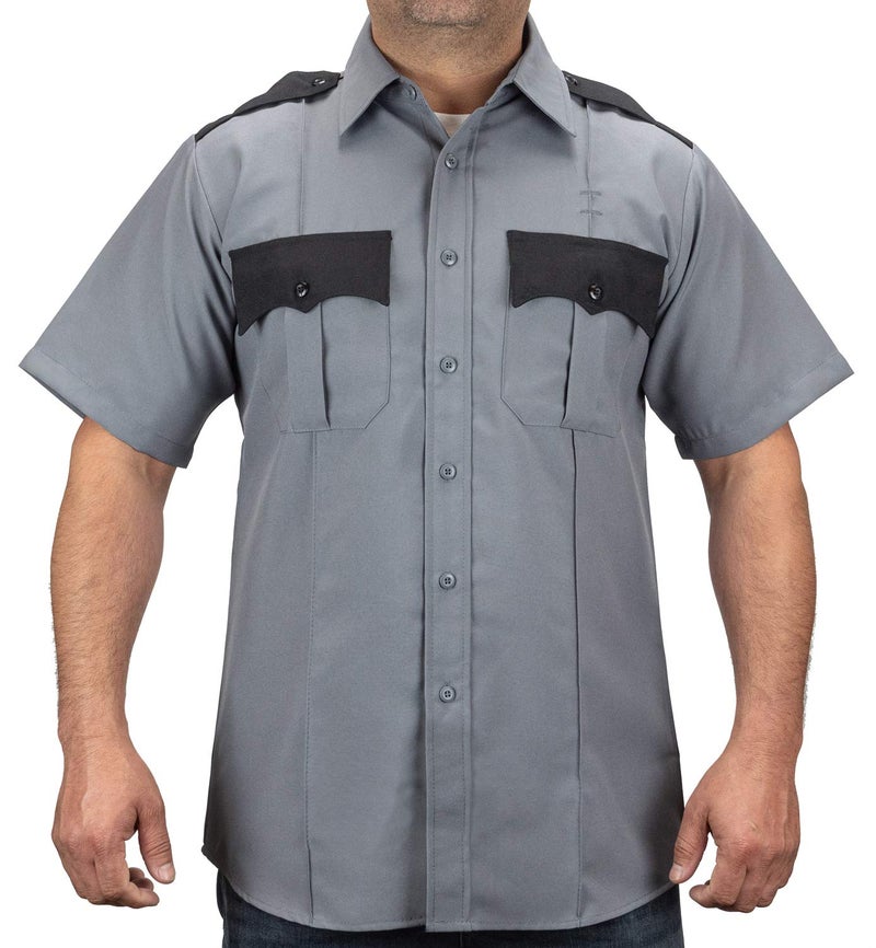 First Class 100% Polyester Two Tone Men's Uniform Shirt (US, Alpha, Large, Regular, Regular, Light Gray & Black) - Image 1